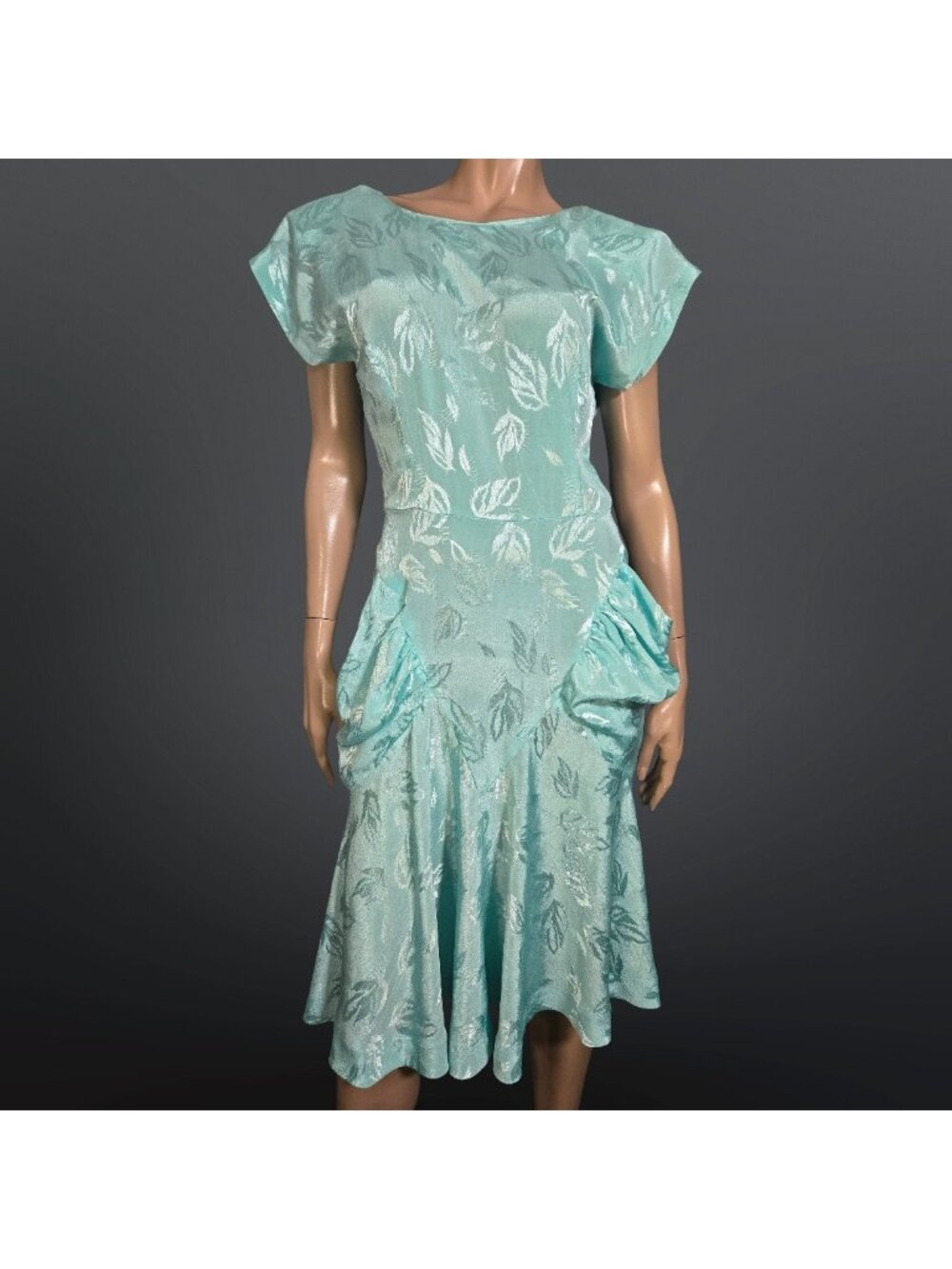 Vintage 80s Aqua Teal Shimmery Damask Jaquard Midi Dress With Pockets Size S